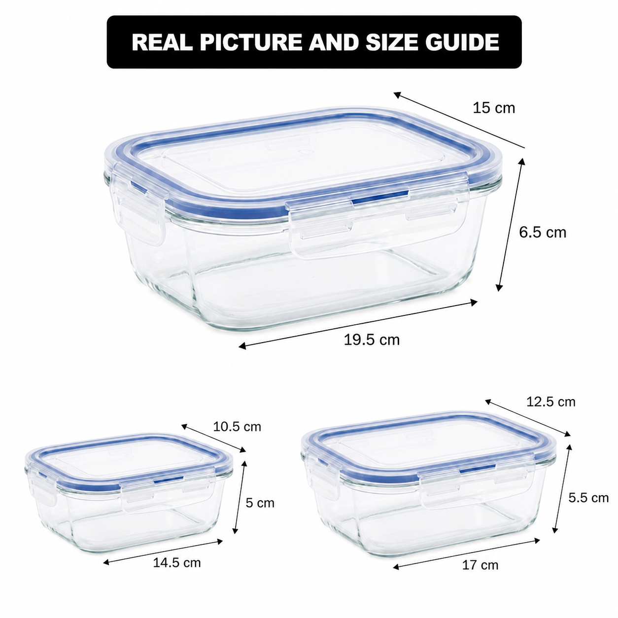 3-Pcs Rectangle Glass Food Storage Containers with Lids