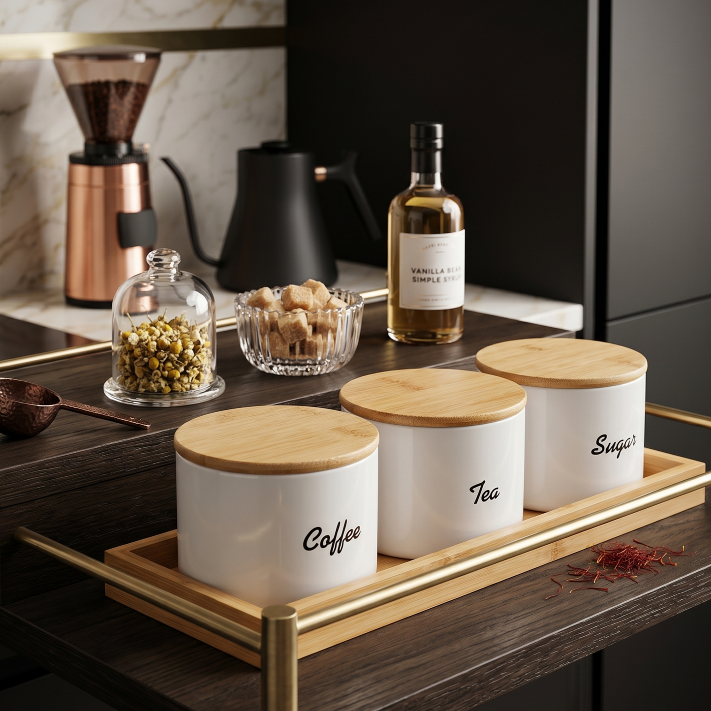 Style Serve Coffee Tea Sugar Glass Jar Set with Tray