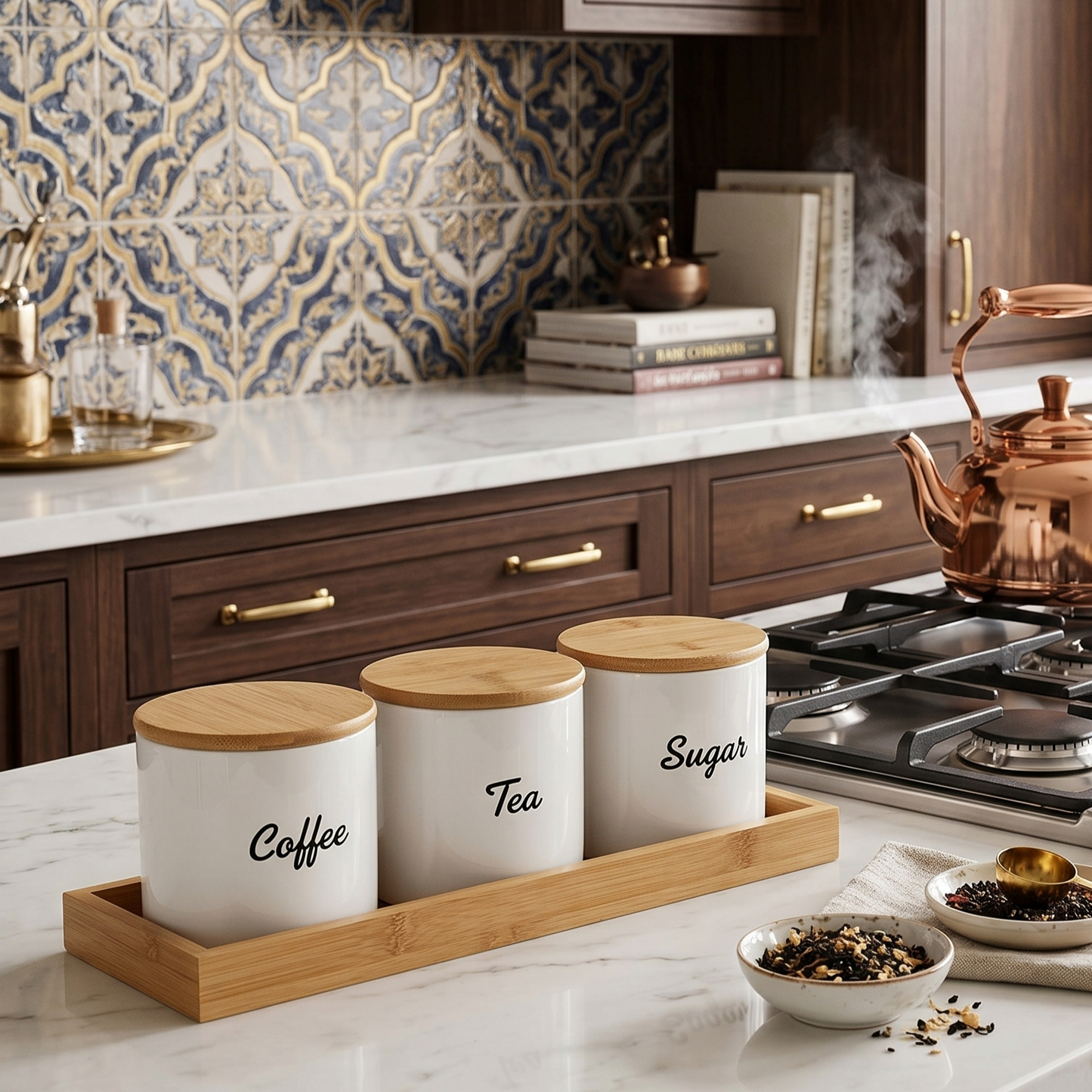 Style Serve Coffee Tea Sugar Glass Jar Set with Tray